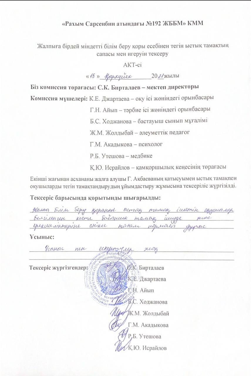 Тамақтың сапасы мен игеруін тексеру АКТ-сі 15.09.2021