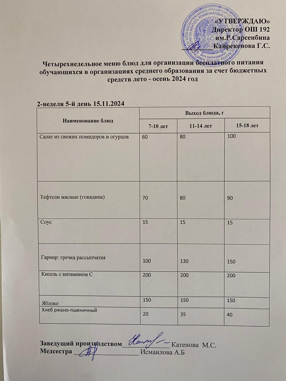 Күнделікті меню 15.11.2024