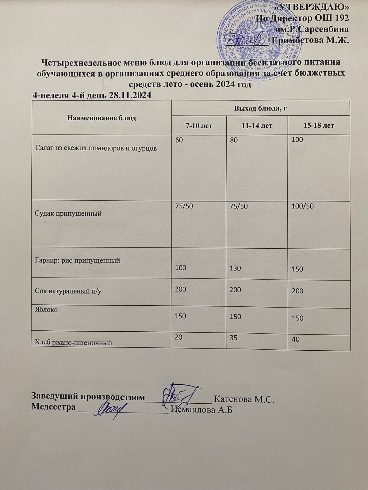 Күнделікті меню 28.11.2024