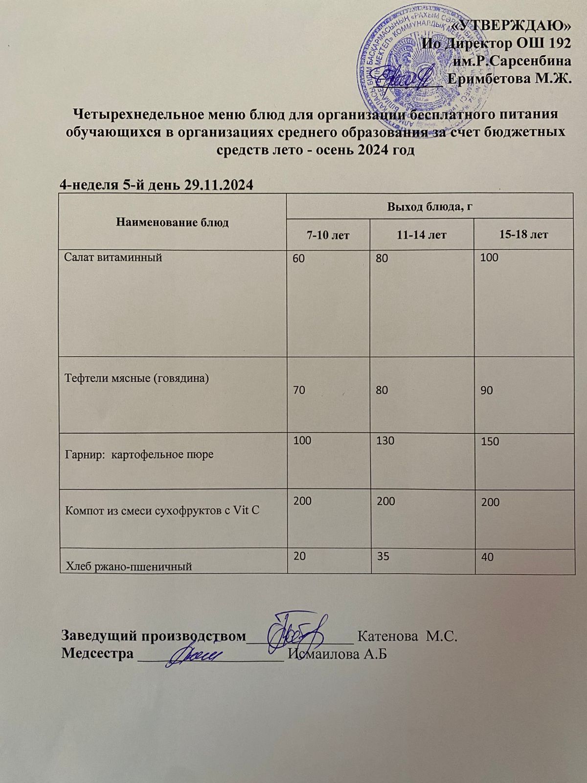 Күнделікті меню 29.11.2024
