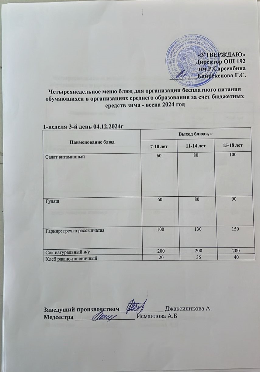 Күнделікті меню 04.12.2024