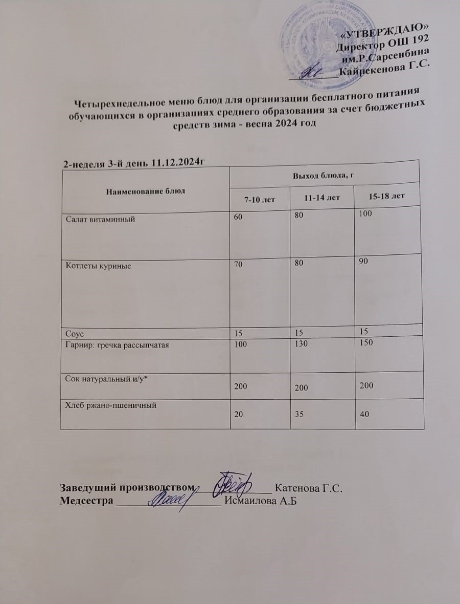 Күнделікті меню 11.12.2024