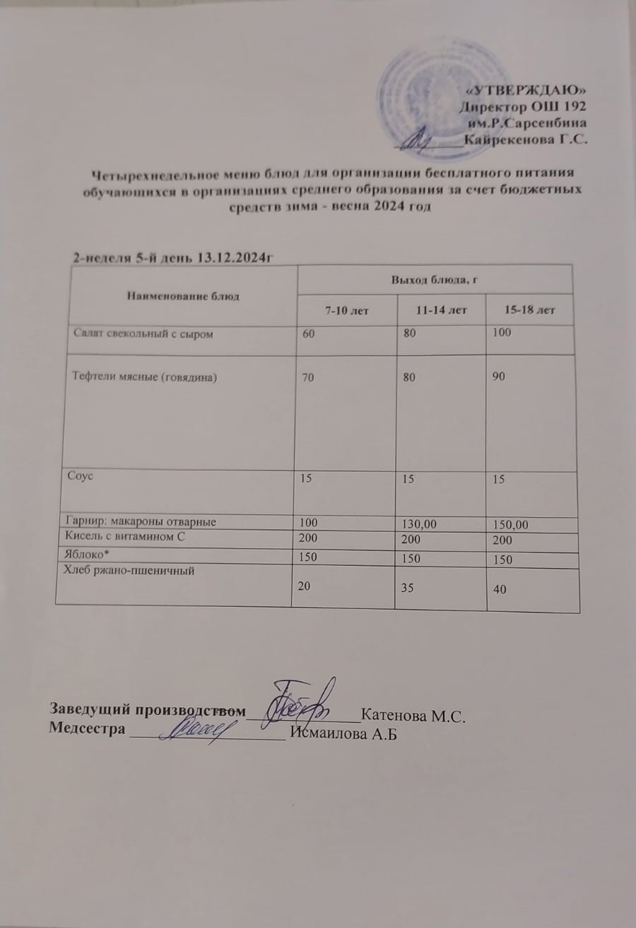 Күнделікті меню 13.12.2024