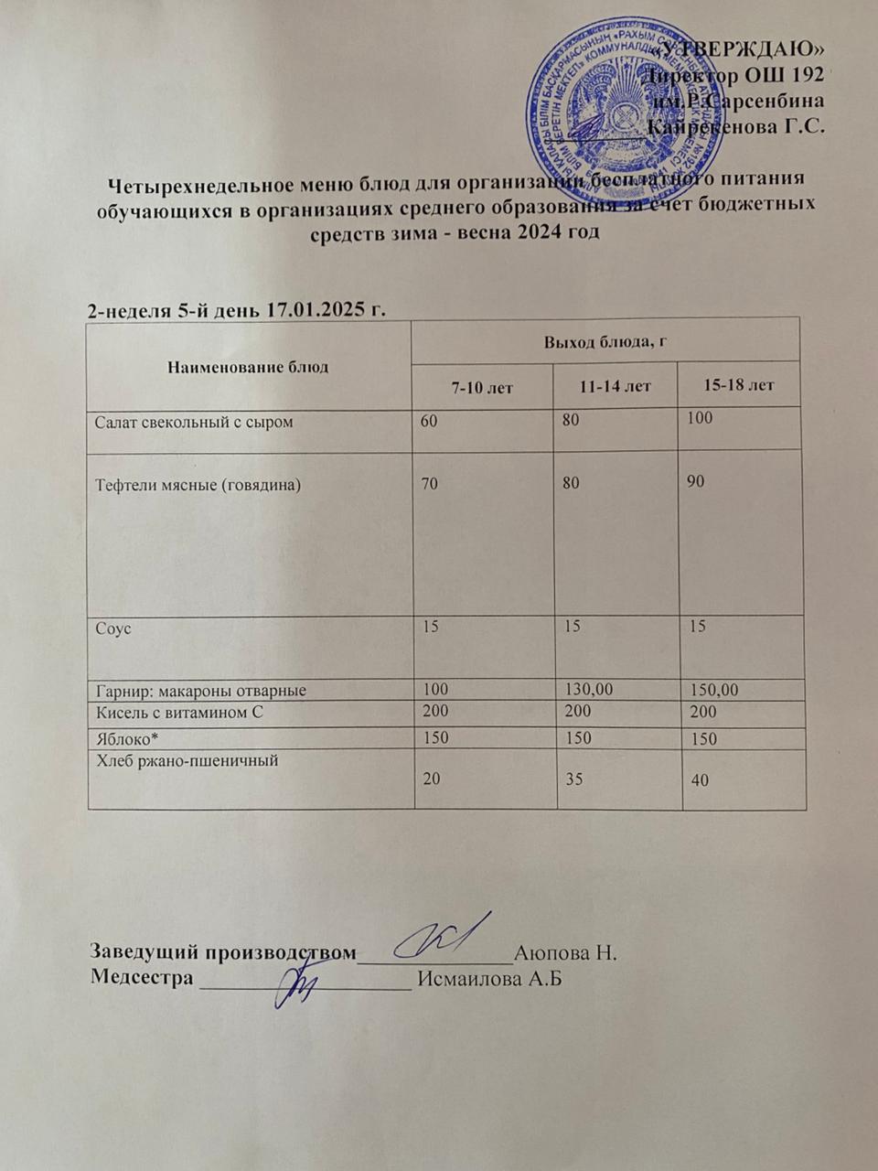 Күнделікті меню 17.01.2025