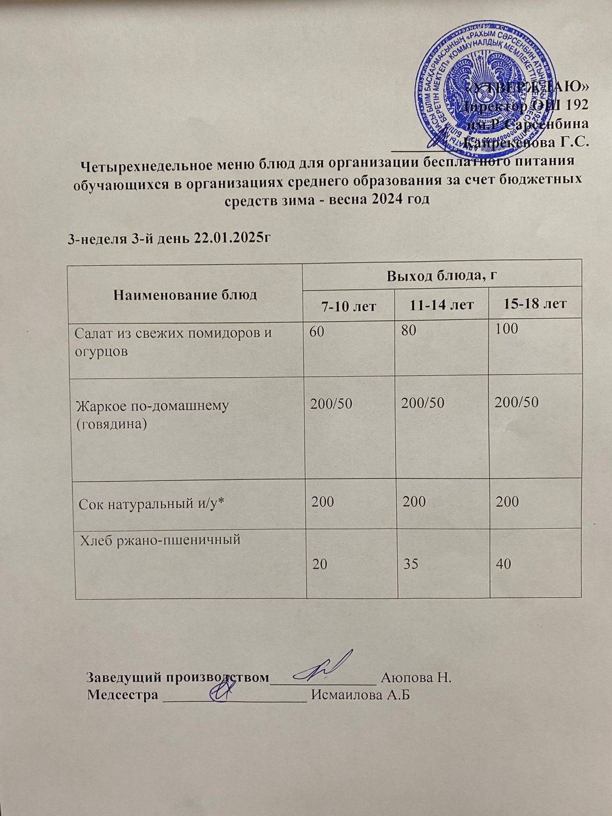 Күнделікті меню 22.01.2025