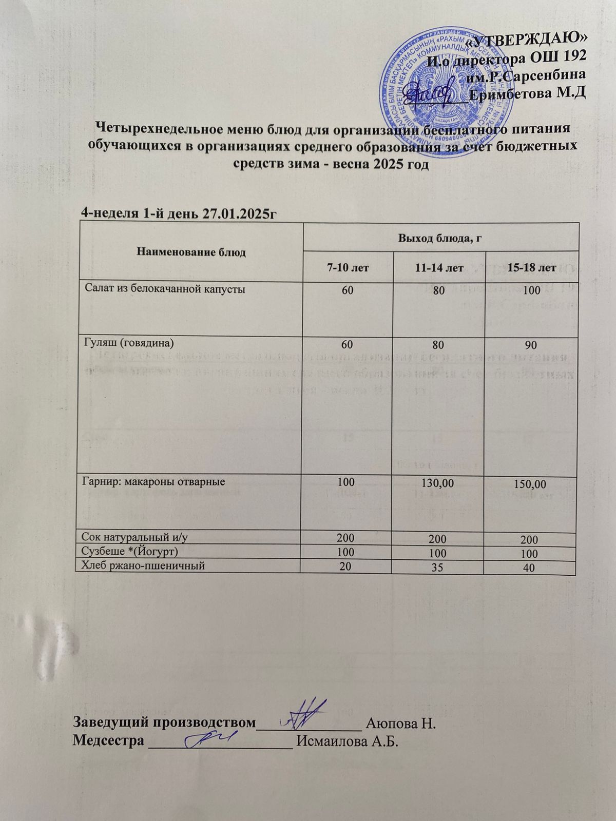 Күнделікті меню 27.01.2025