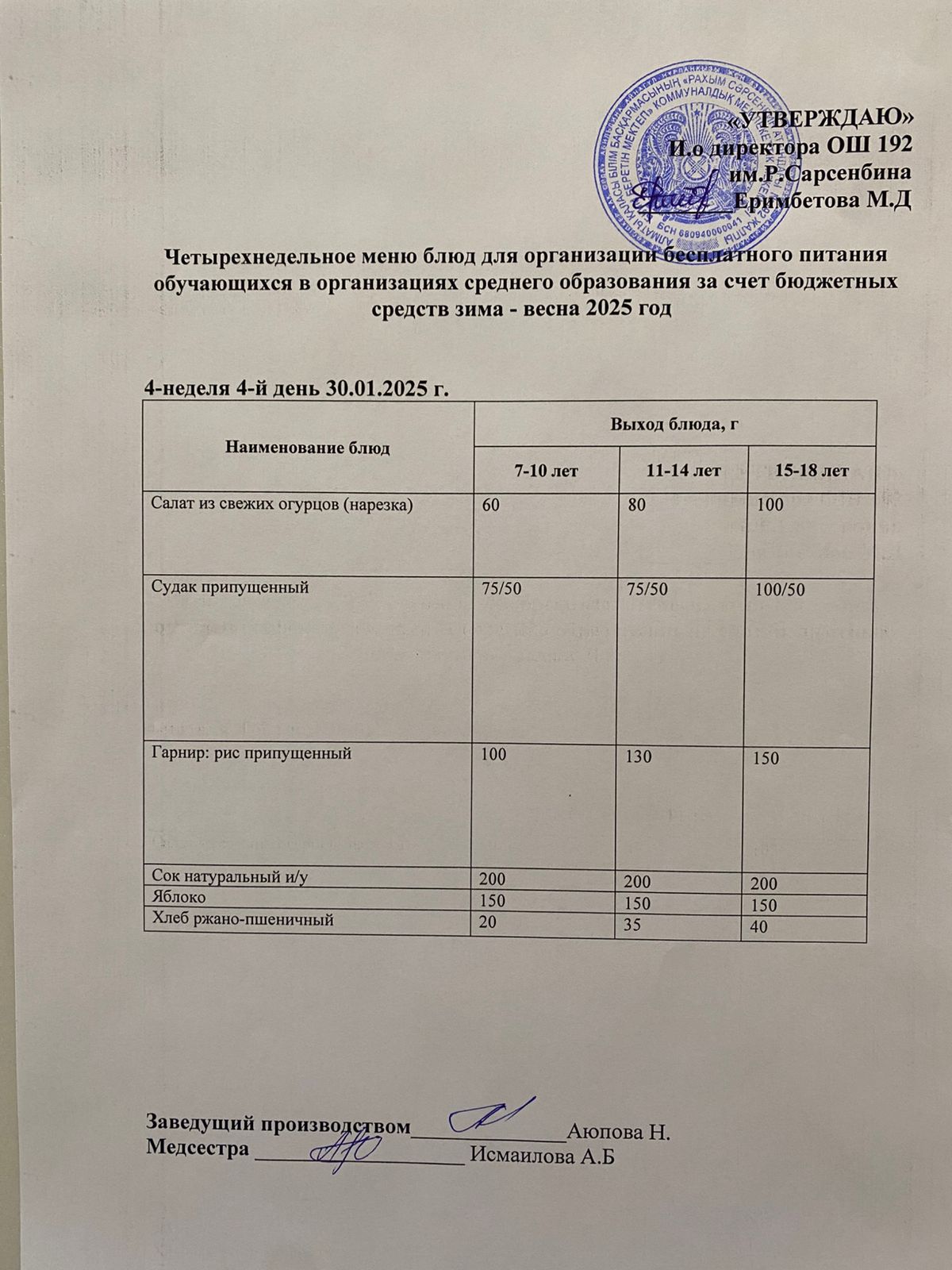 Күнделікті меню 30.01.2025