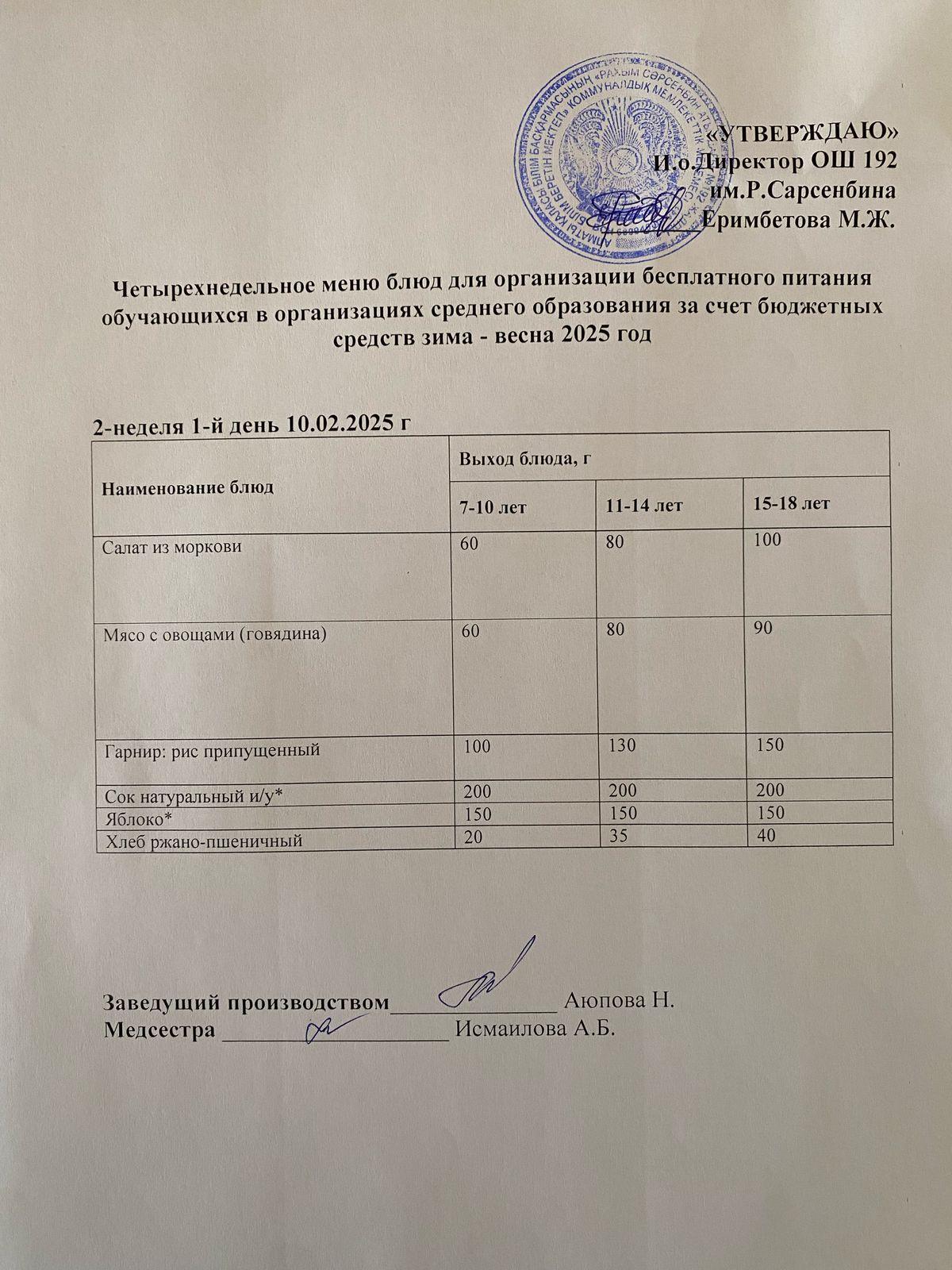 Күнделікті меню 10.02.2025