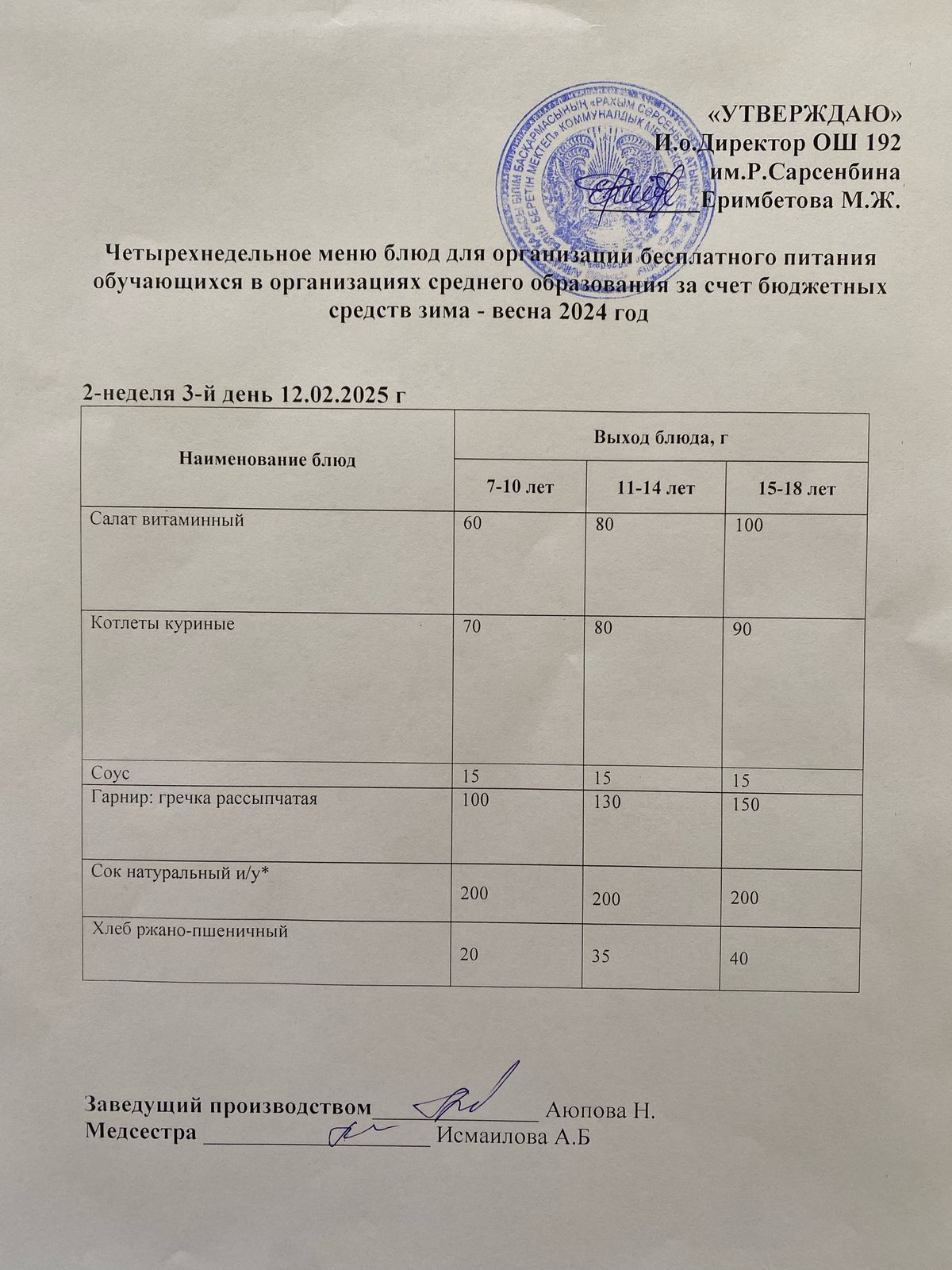 Күнделікті меню 12.02.2025