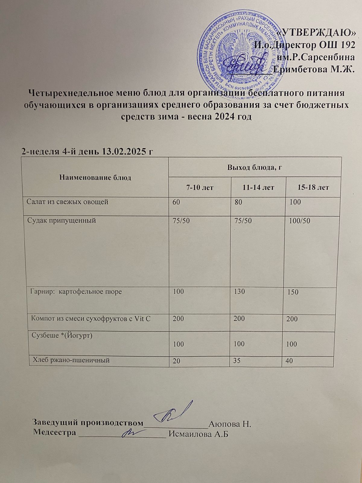 Күнделікті меню 13.02.2025