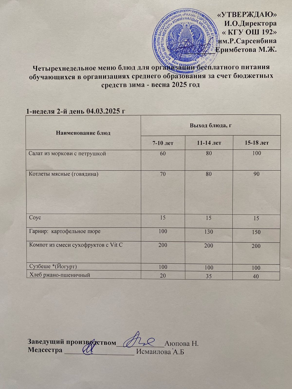 Күнделікті меню 04.03.2025