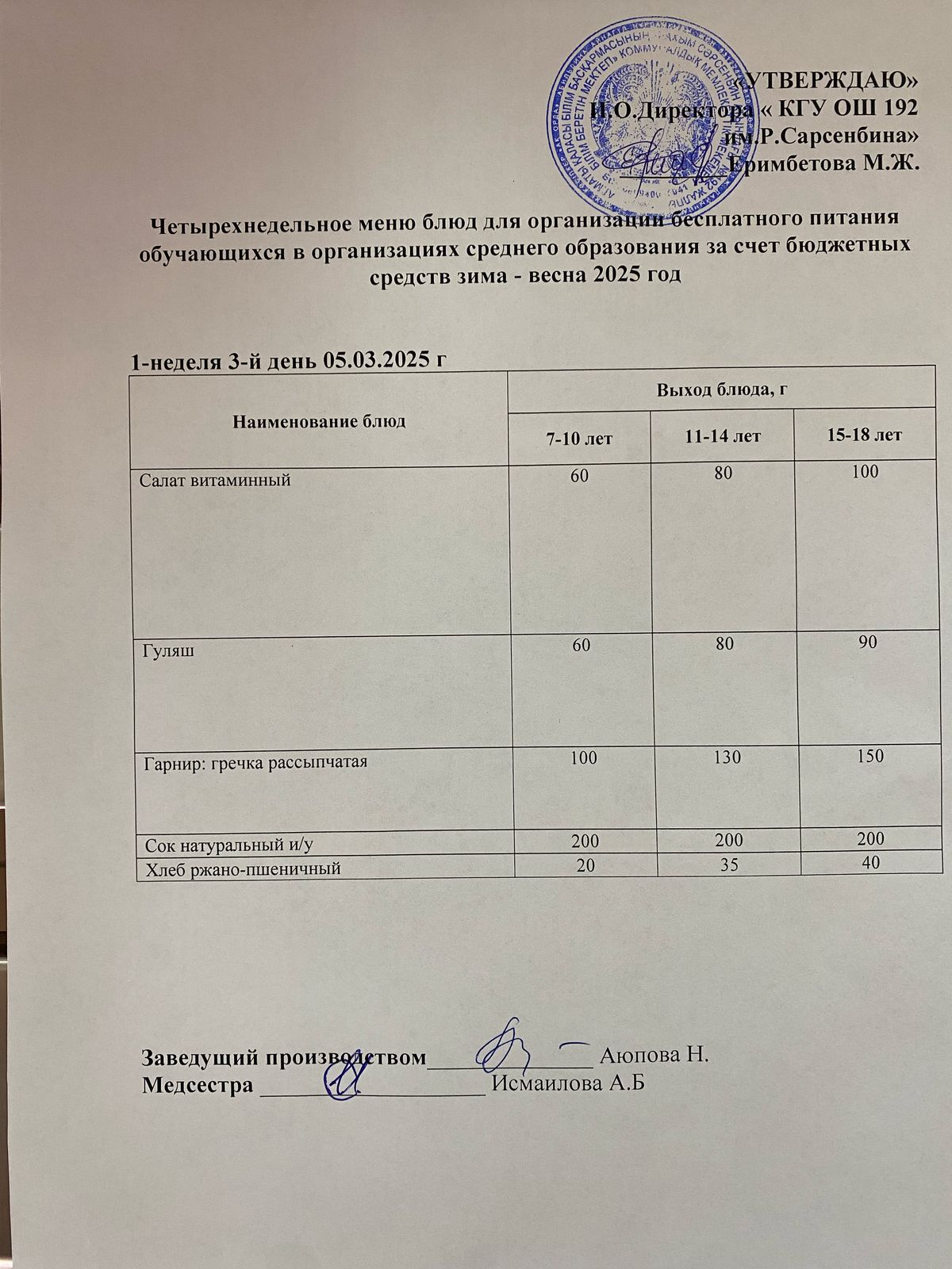 Күнделікті меню 05.03.2025