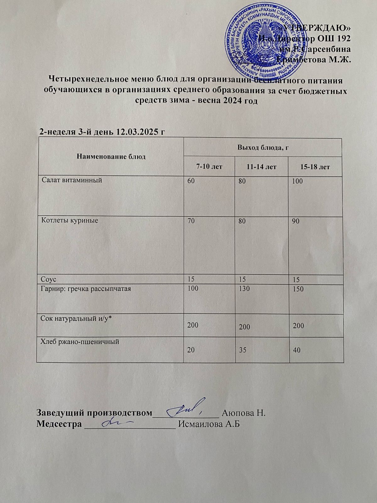 Күнделікті меню 12.03.2025