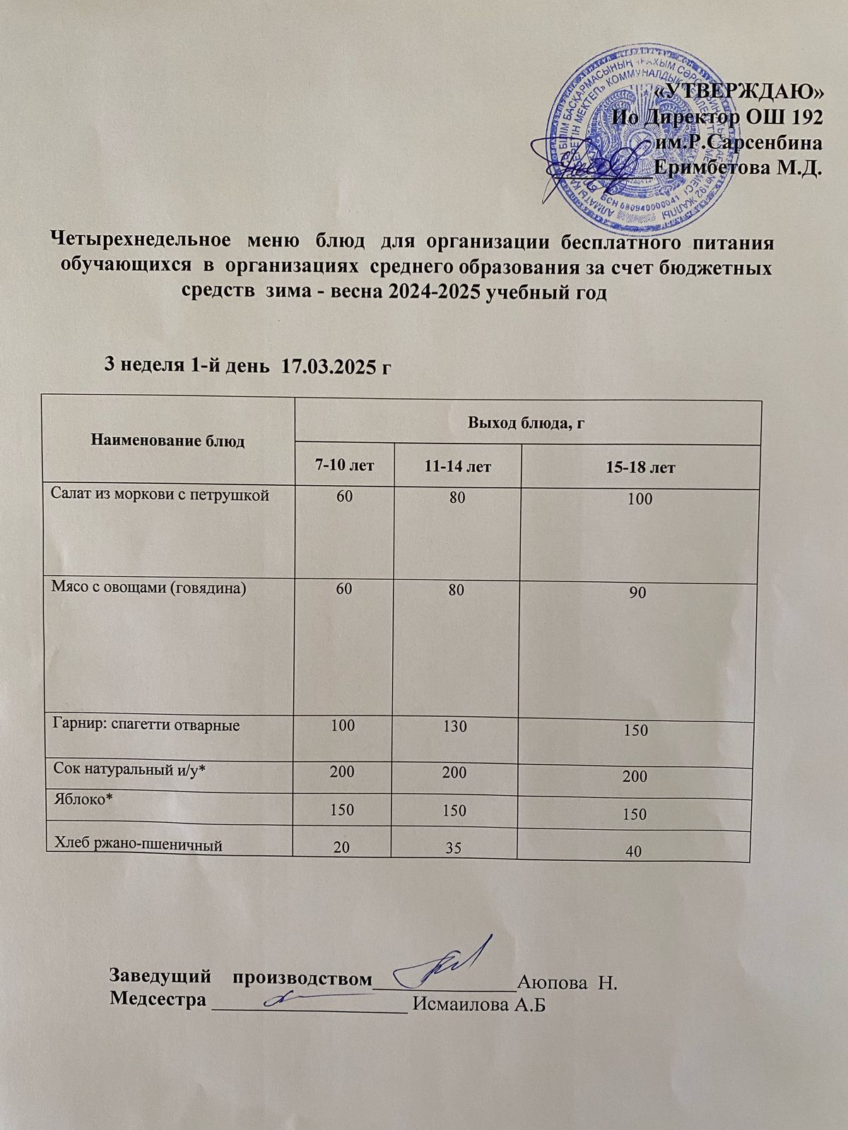 Күнделікті меню 17.03.2025