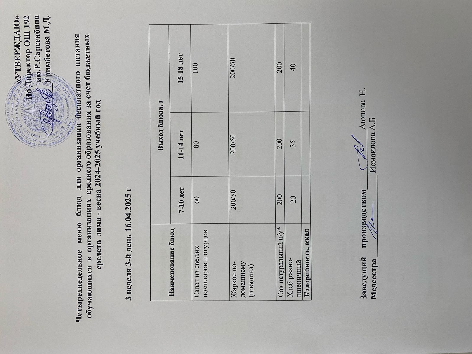 Күнделікті меню 16.04.2025