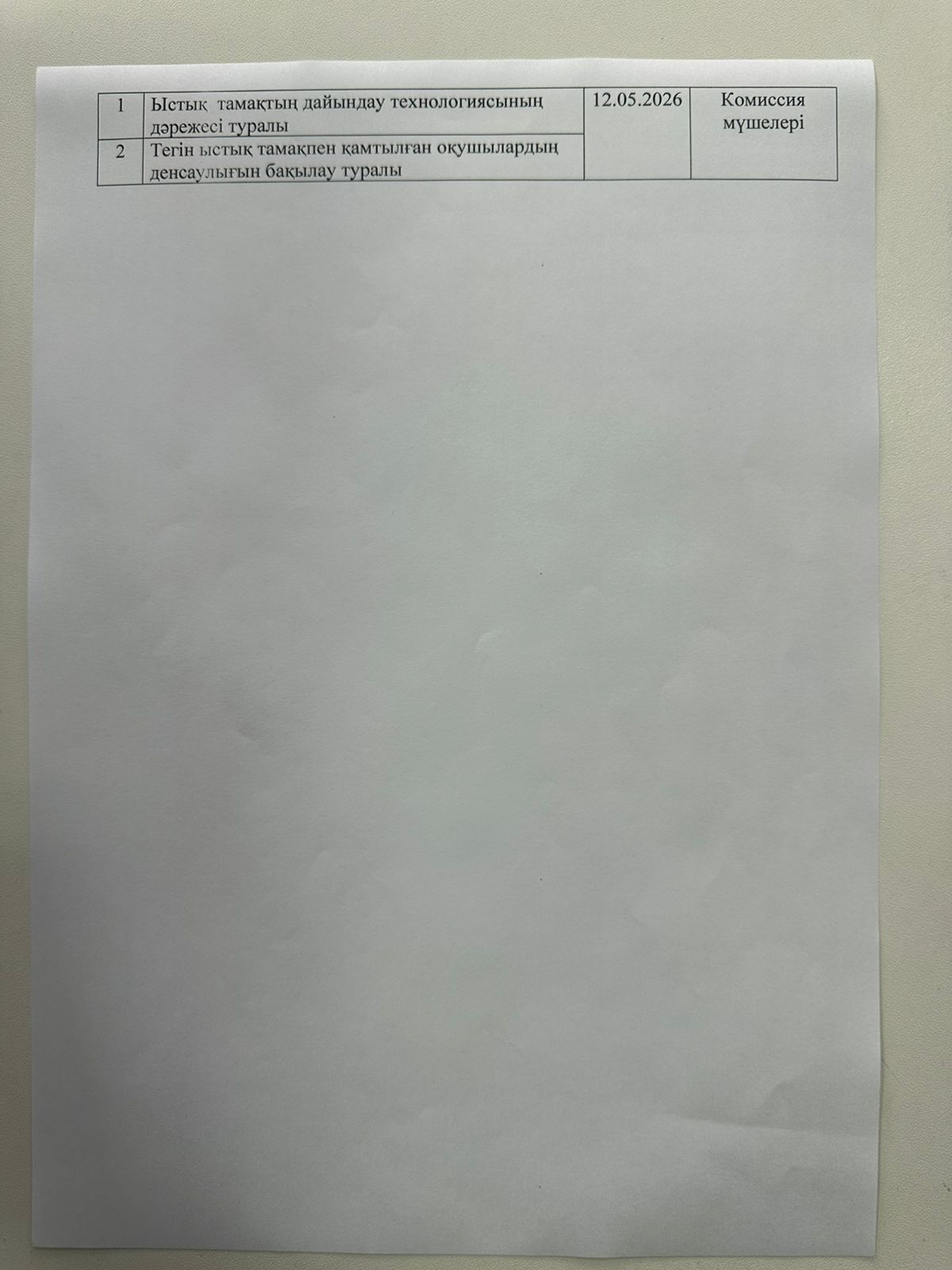 Комиссия мүшелері отырысының жұмыс жоспары