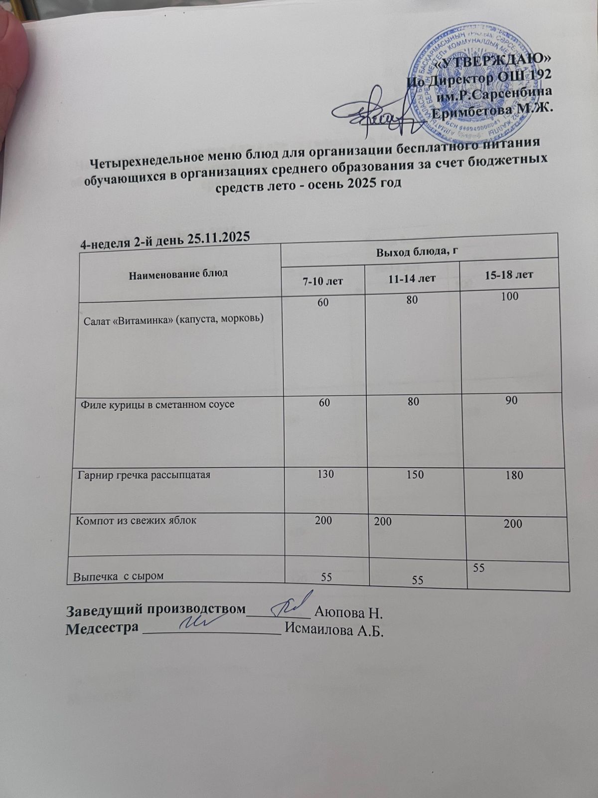 Күнделікті ас мәзірі 25.11.2025