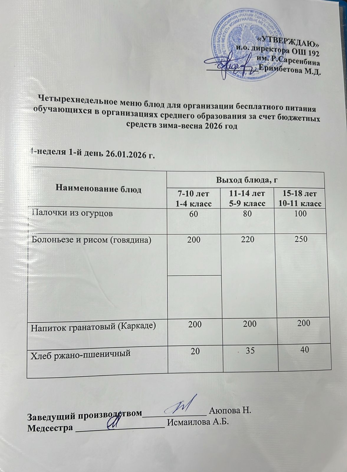 күнделікті меню 26.01.2026