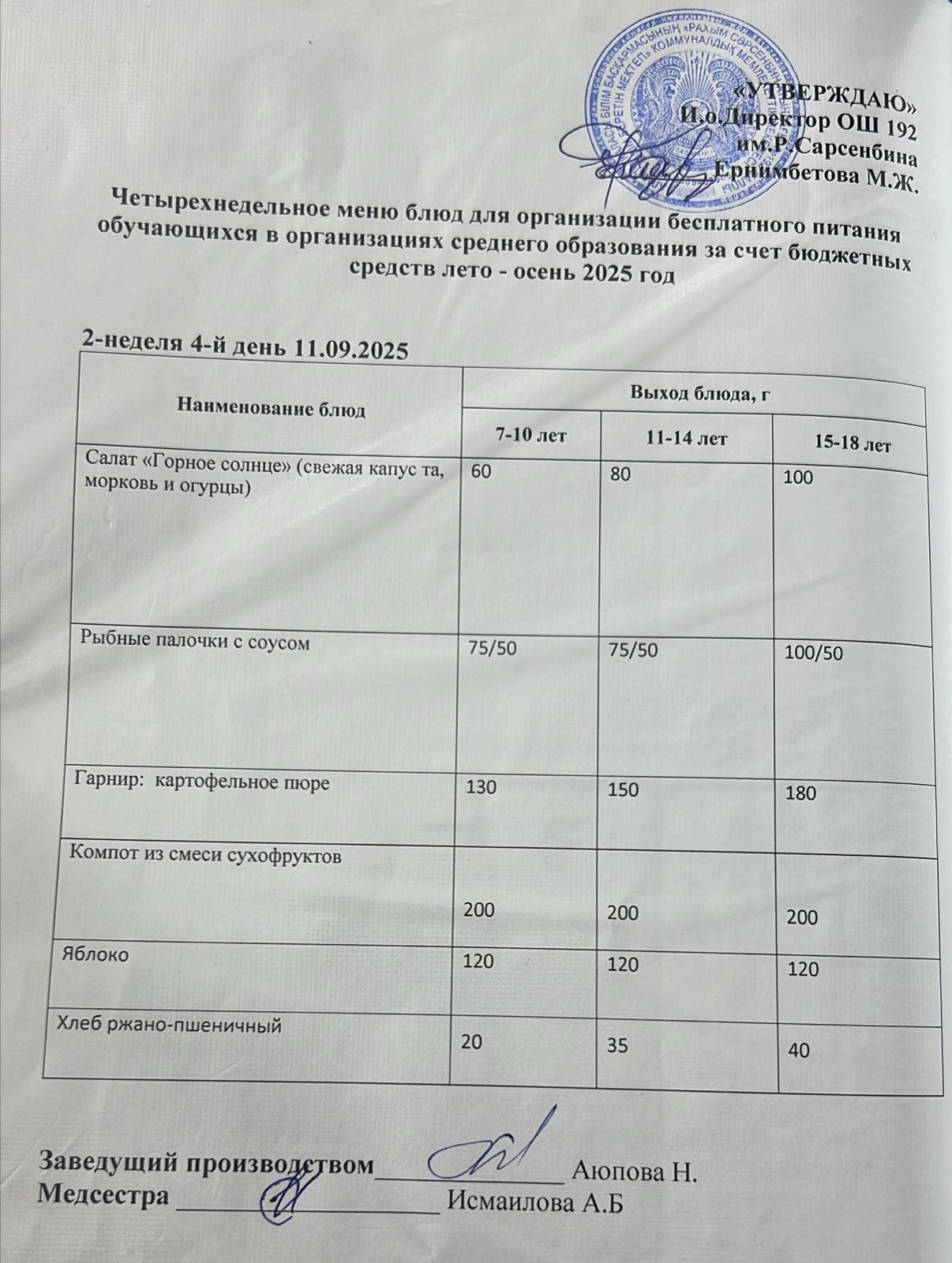 күнделікті ас мәзірі 11.09.2025