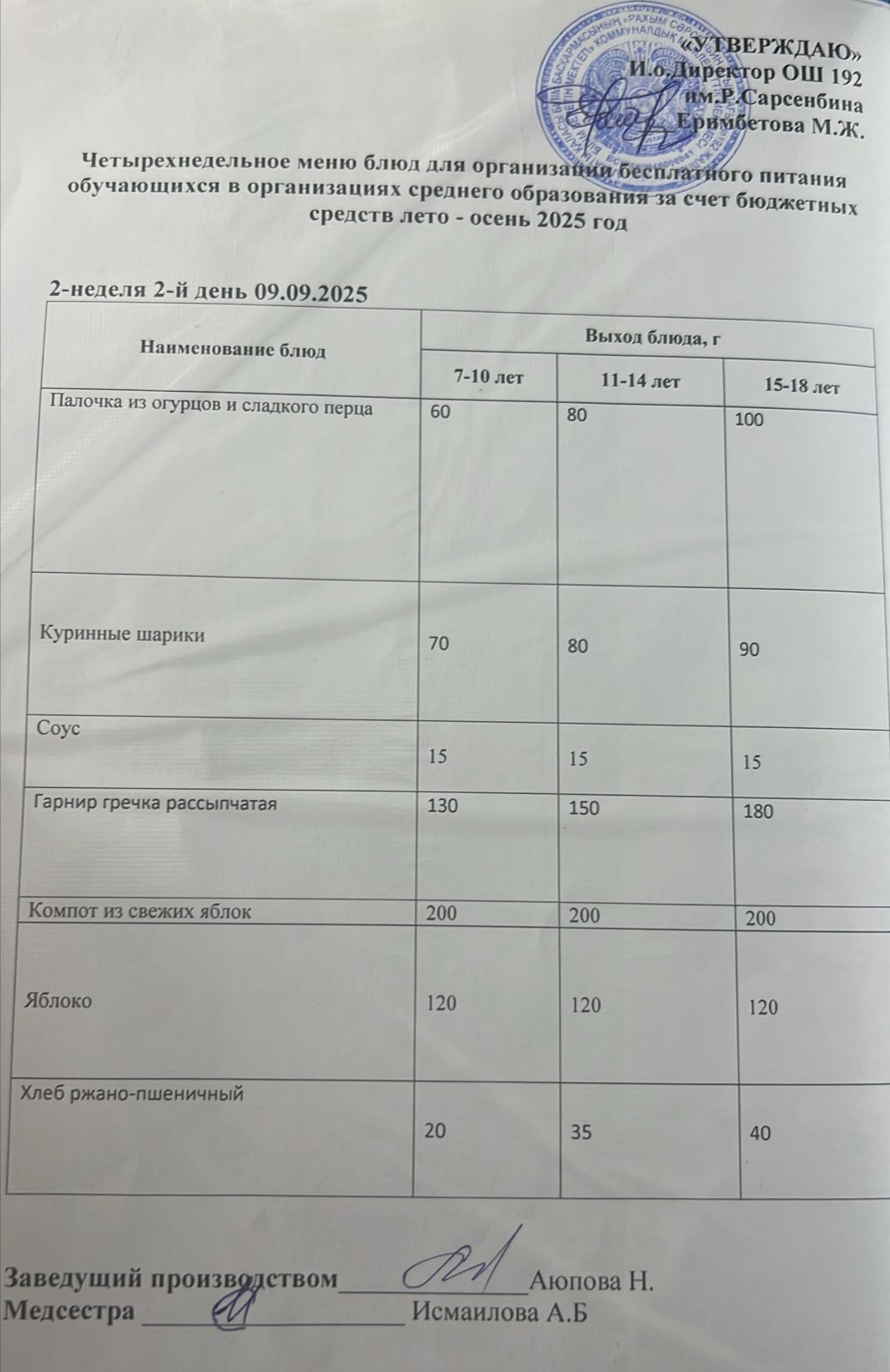 күнделікті ас мәзірі 09.09.2025