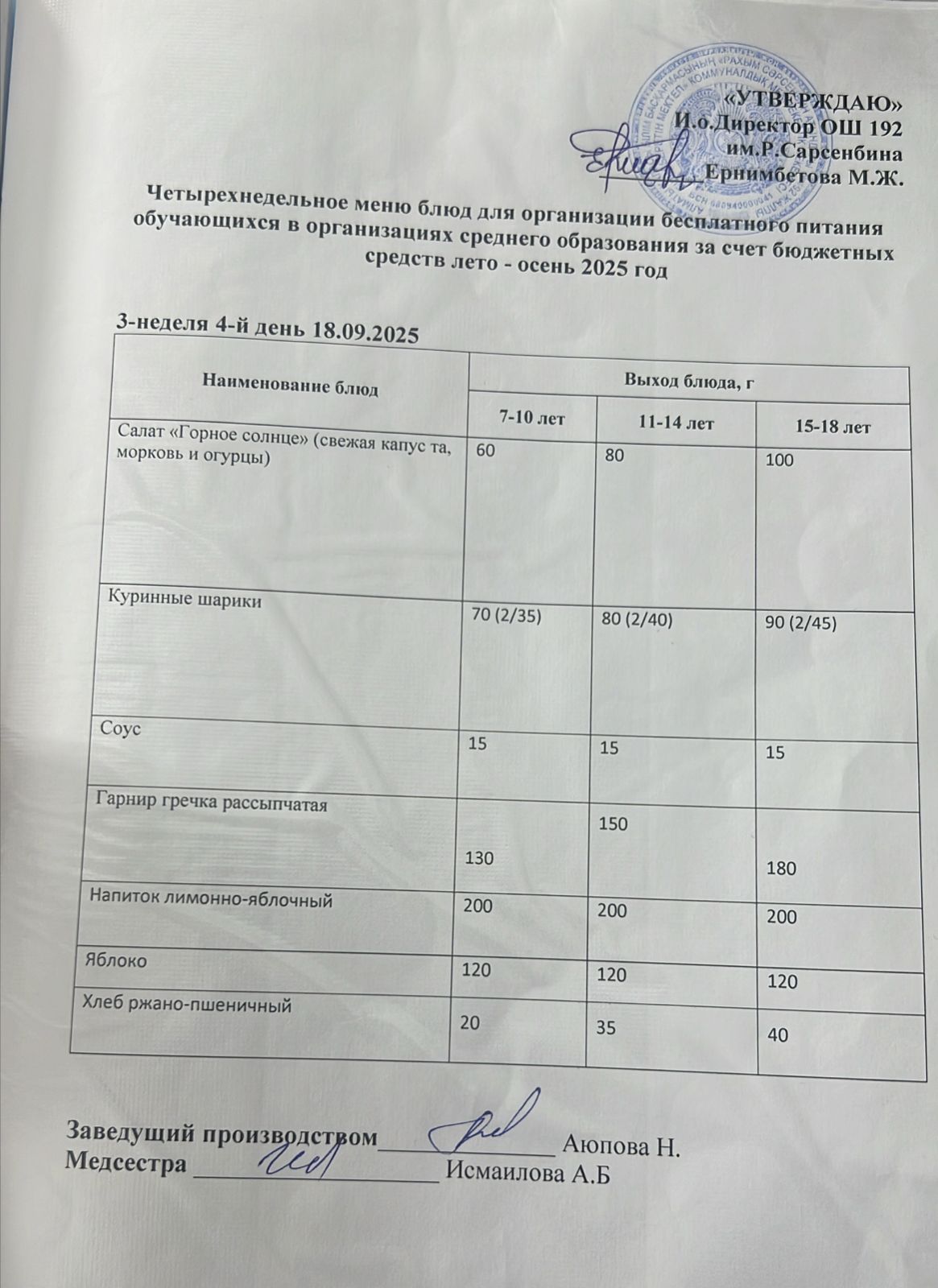 күнделікті ас мәзірі 18.09.2025