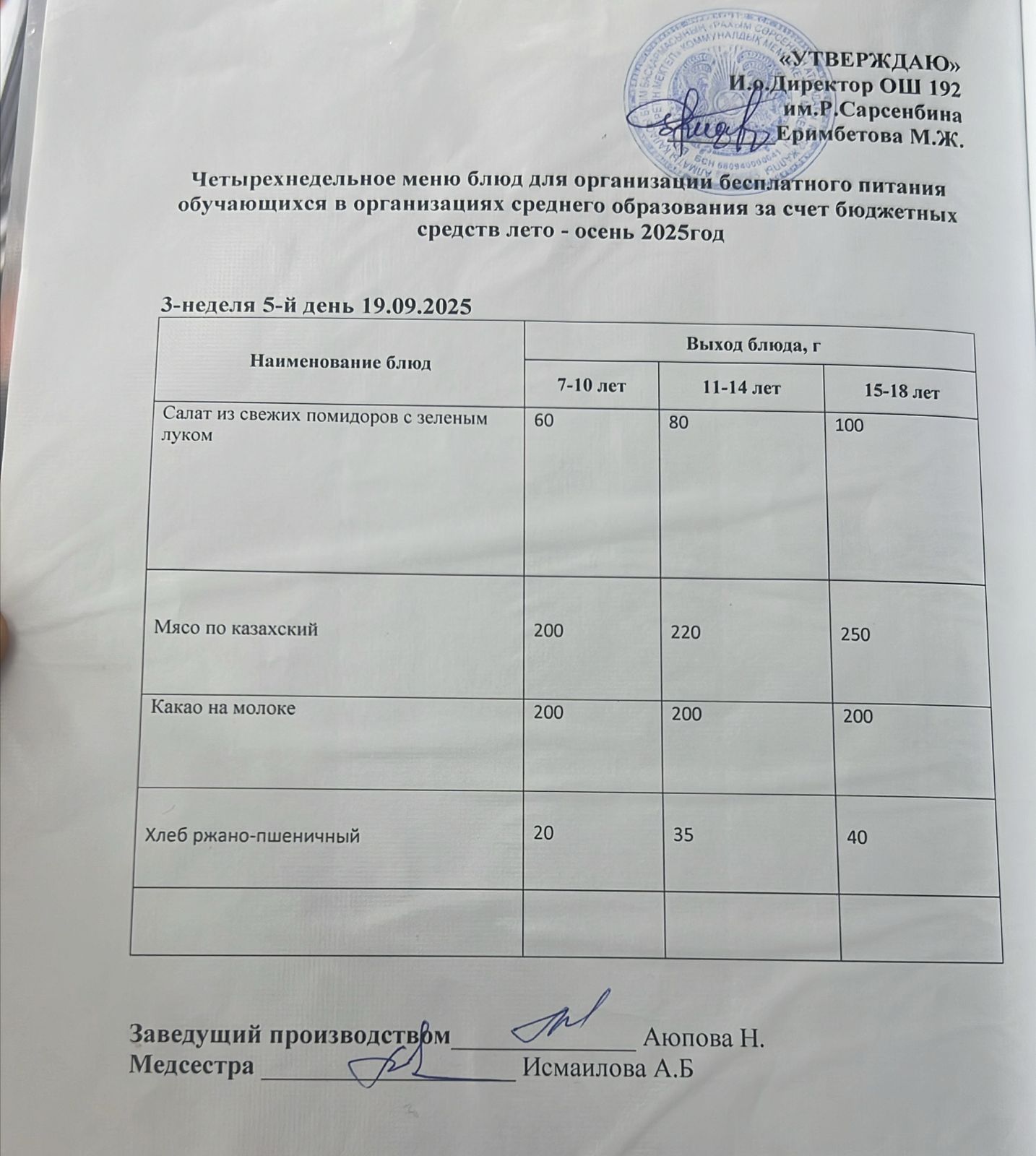 күнделікті ас мәзірі 19.09.2025