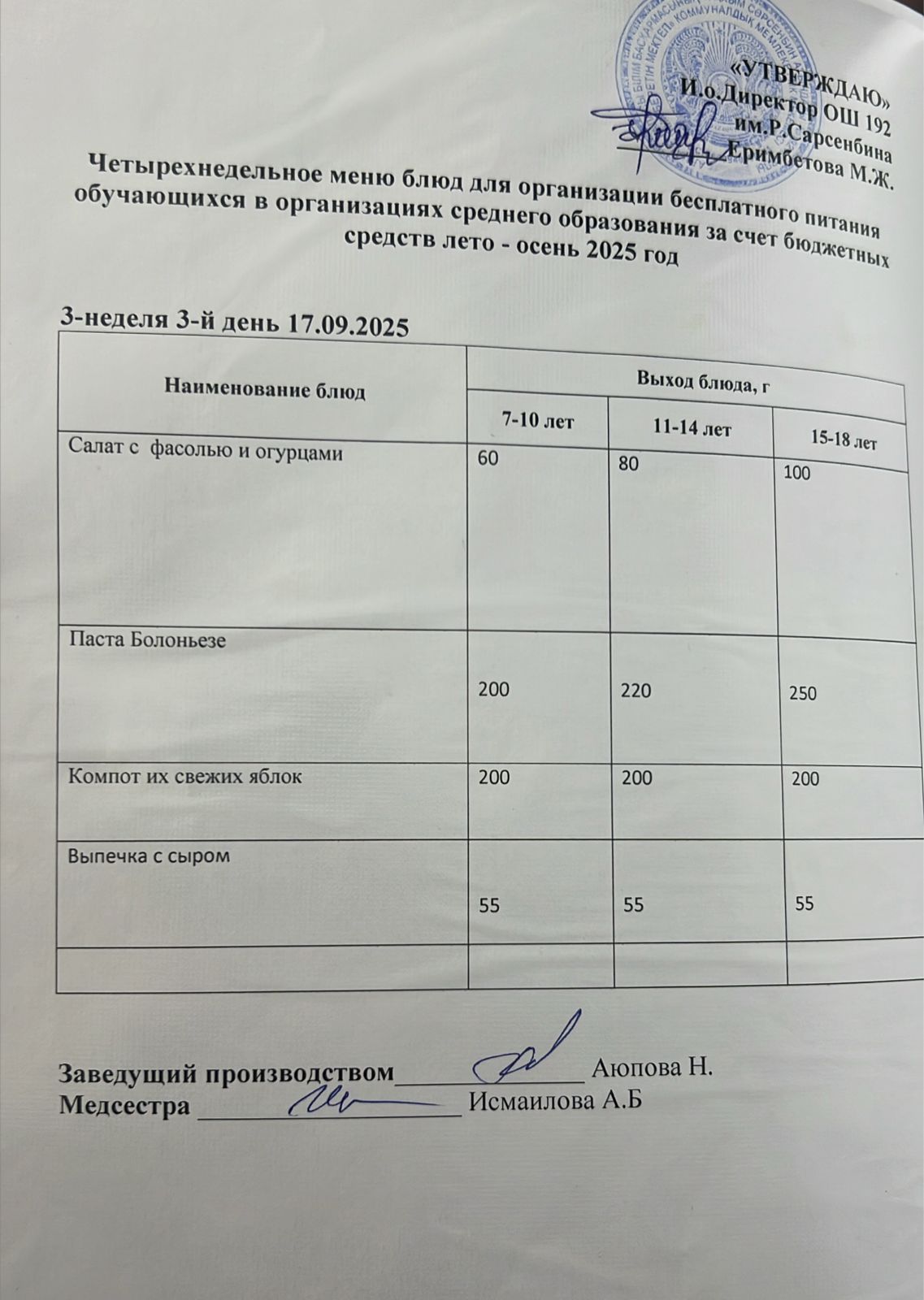 күнделікті ас мәзірі 17.09.2025