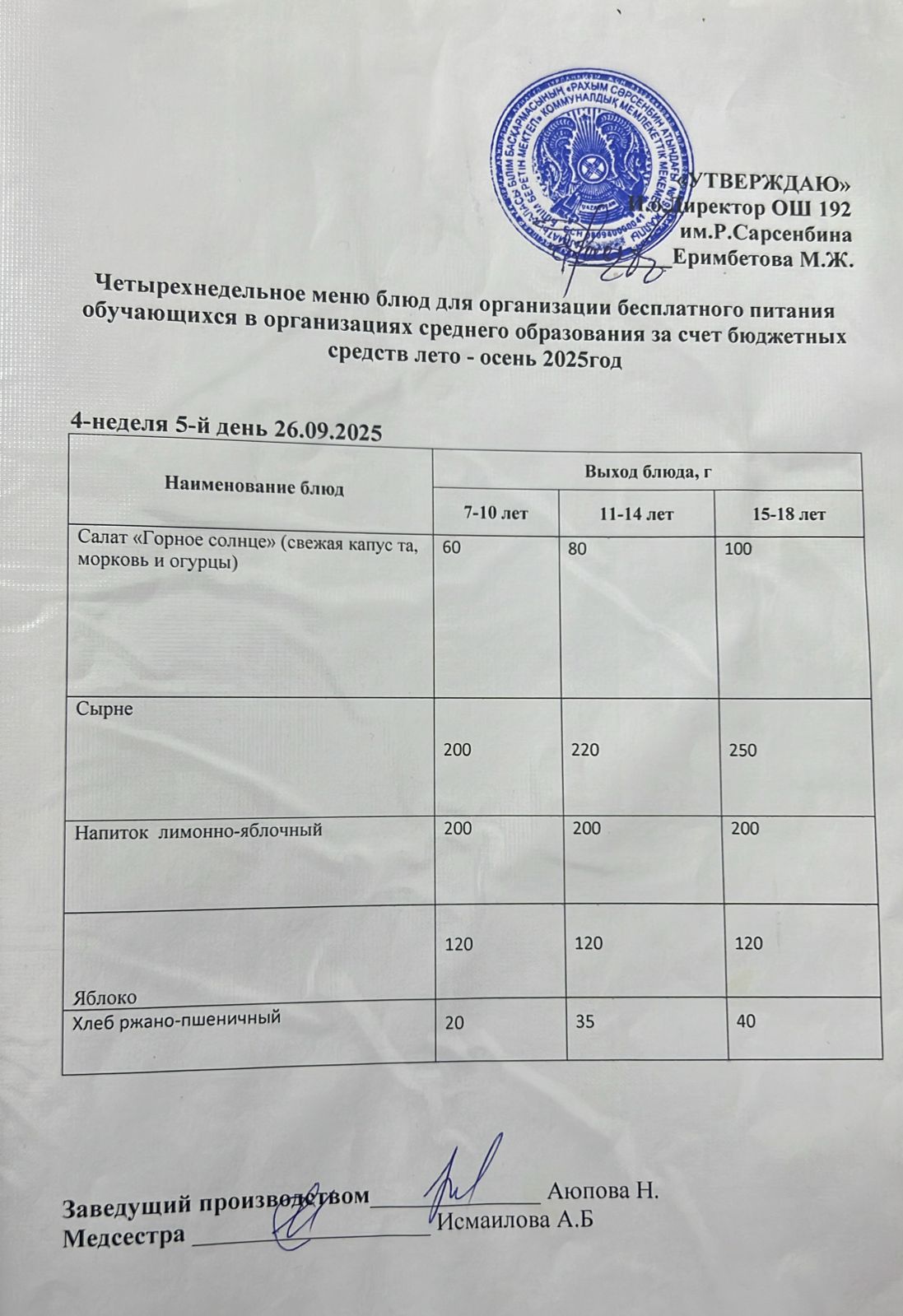 күнделікті ас мәзірі 26.09.2025