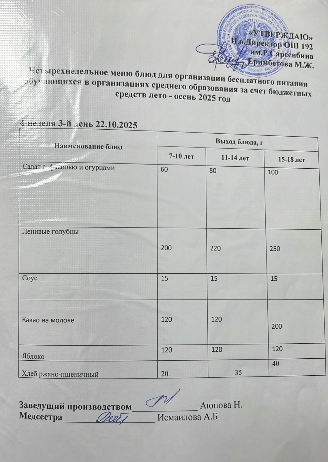 күнделікті ас мәзірі 22.10.2025